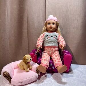 Our Generation Meagan 18-inch doll with Dog, Dog Bed, & convertible sofa bed GUC